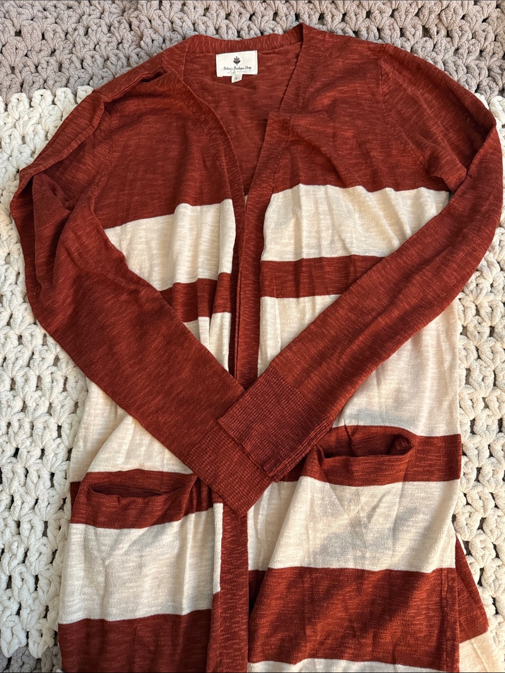 Striped Open-Front Cardigan - Rust and Cream